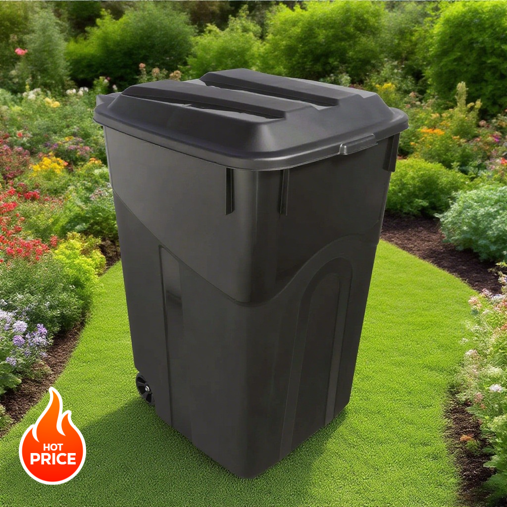 45 Gallon Outdoor Trash Can With Wheels & Lid – Heavy-Duty Plastic, 24" Diameter X 36" H, For Household/Commercial