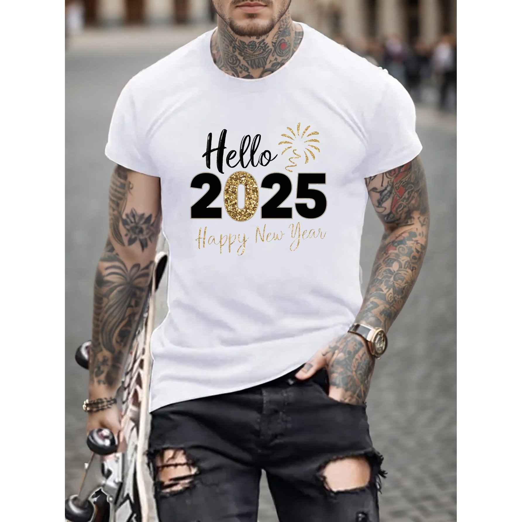 

Men's "hello 2025 Happy New Year" Fireworks Printed T-shirt, Casual Short Sleeve Cotton T-shirt, Round Neck, Summer Fashion Adult Topcasual Summer , Men's Round Neck Short Sleeved Shirt