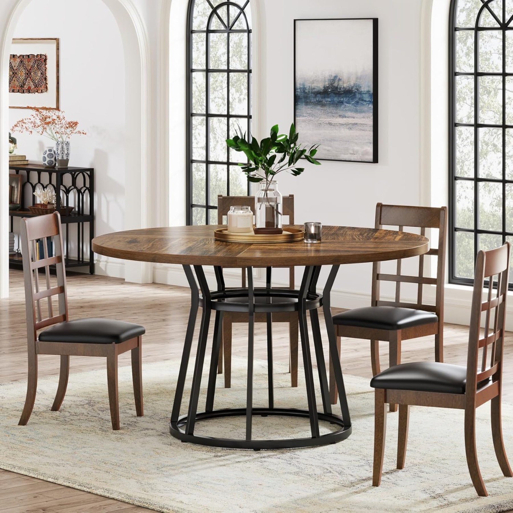 E-shop 47.2" Runder Esstisch für 4 Personen - Platzsparender Küchentisch im Landhausstil mit Holz- & Metallfuß, kompaktes modernes Design mit stabilem