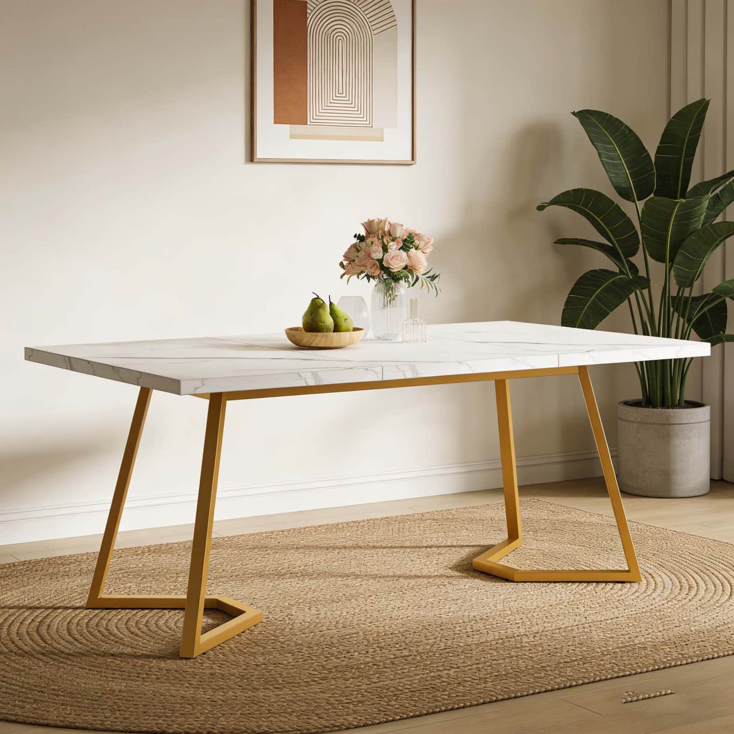 Modern Golden Dining Table, Rectangular Marble Kitchen And Dining Room Table For 6 People, 140cm Small Apartment Dining Table With Golden Metal Legs, White