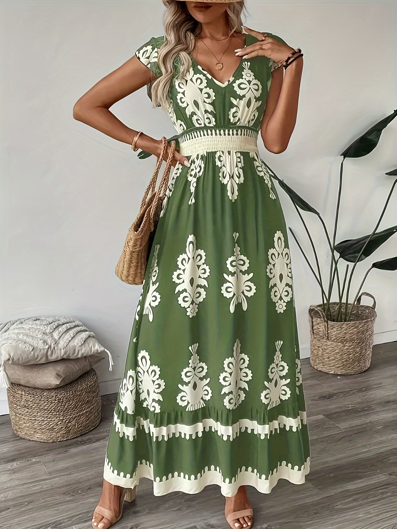 womens new bohemian long dress v neck design elegant commuting style full body positioning print comfortable fabric suitable for commuting and dating local warehouse womens gift suitable for autumn Product details 0