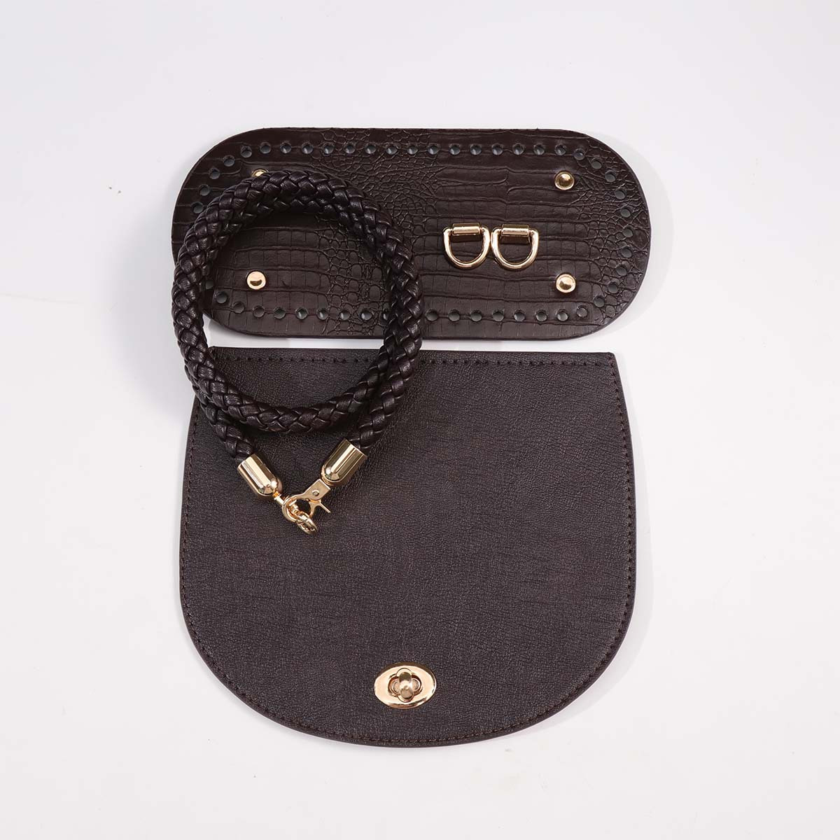 TEMU 5pcs Diy Knit Bag Supplies Kit, Pu Leather Bag Bottom & Flap With Golden Turn Lock, Woven Shoulder Strap, Handbag Making Materials For Crochet