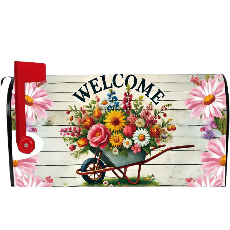 

1pc Spring Floral Welcome Wheelbarrow Design Magnetic Mailbox Cover, Polyester, Waterproof Decorative Mailbox Cover, Standard Size, With Fits Most Mailboxes For Garden, Patio, Home Decor