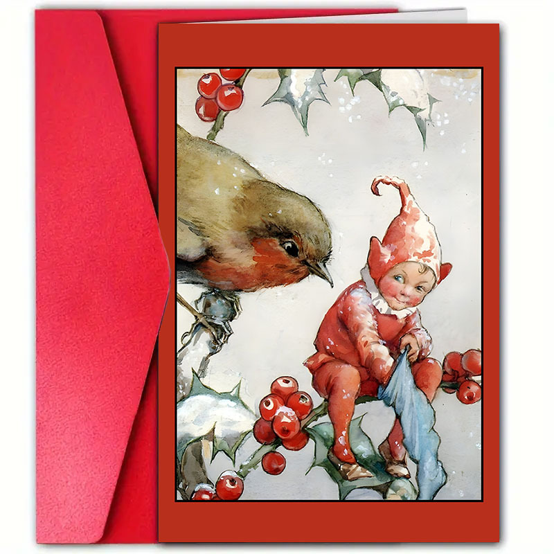 TEMU 1pc Vintage Christmas Greeting Card With Envelope, Size 4.72 X 7.09 Inches, Festive Elf And Robin Illustration, Seasonal For , Christmas Paper
