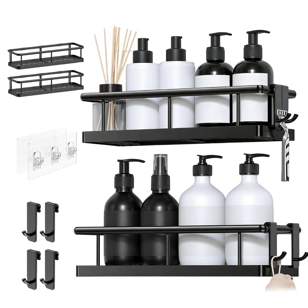 Image of 2-pack No-drill Shower Shelf Bathroom Organizer, Large Capacity Quick-drain Shampoo Holder With 4 Hooks, Space- Wall Shower Storage Rack For Bathroom, Shower Caddies