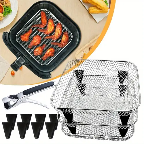 square air fryer rack stainless steel stackable air fryer racks with anti clip air fryer accessories dehydration rack air fryer basket tray barbecue basket bbq rack drainage basket filter rack food frying basket