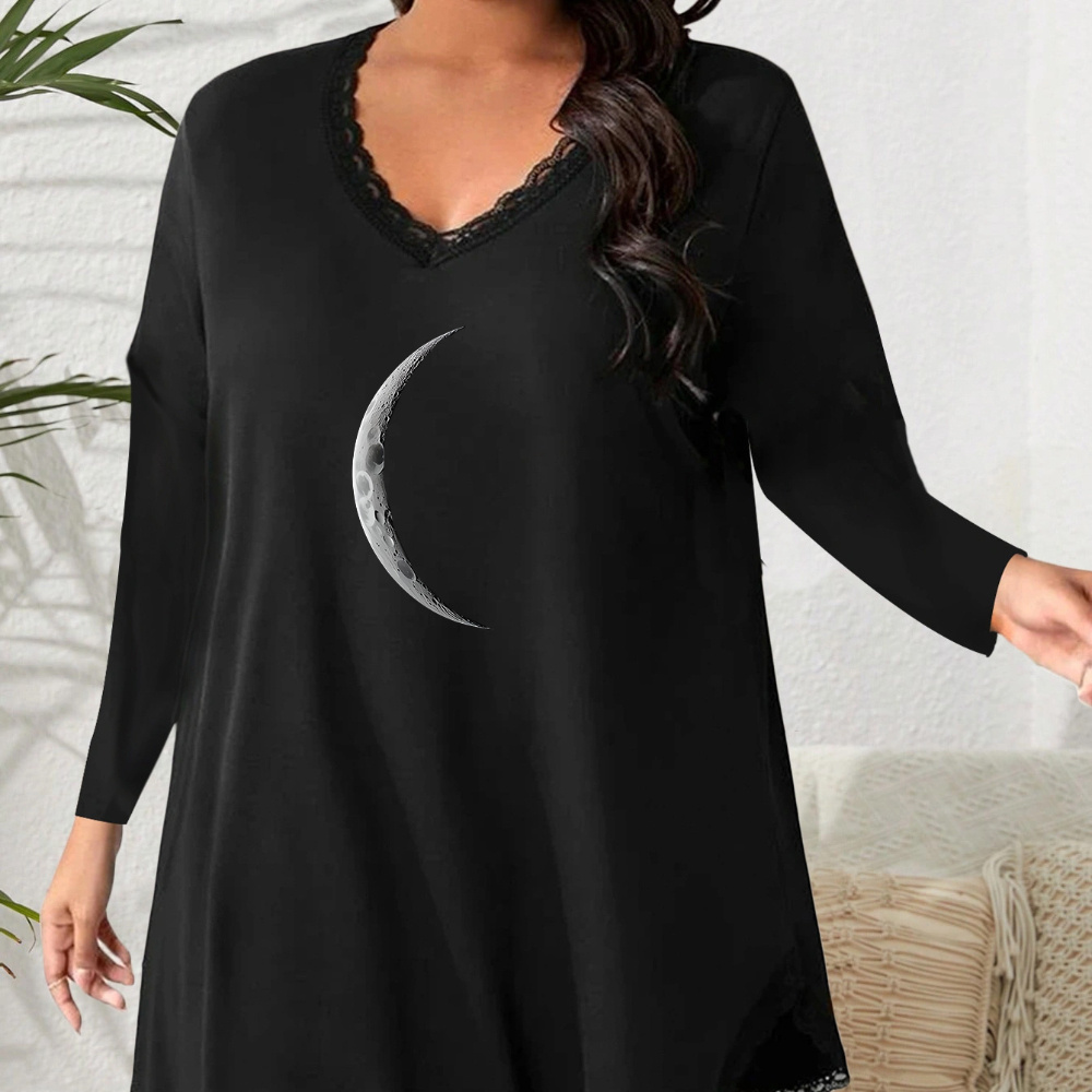 

Plus Size Moon Print V-neck Nightgown, Casual Polyester Sleep Dress, Long Sleeve, Knit Fabric, Medium Stretch, For Adults, Fall Season Comfortable Loungewear