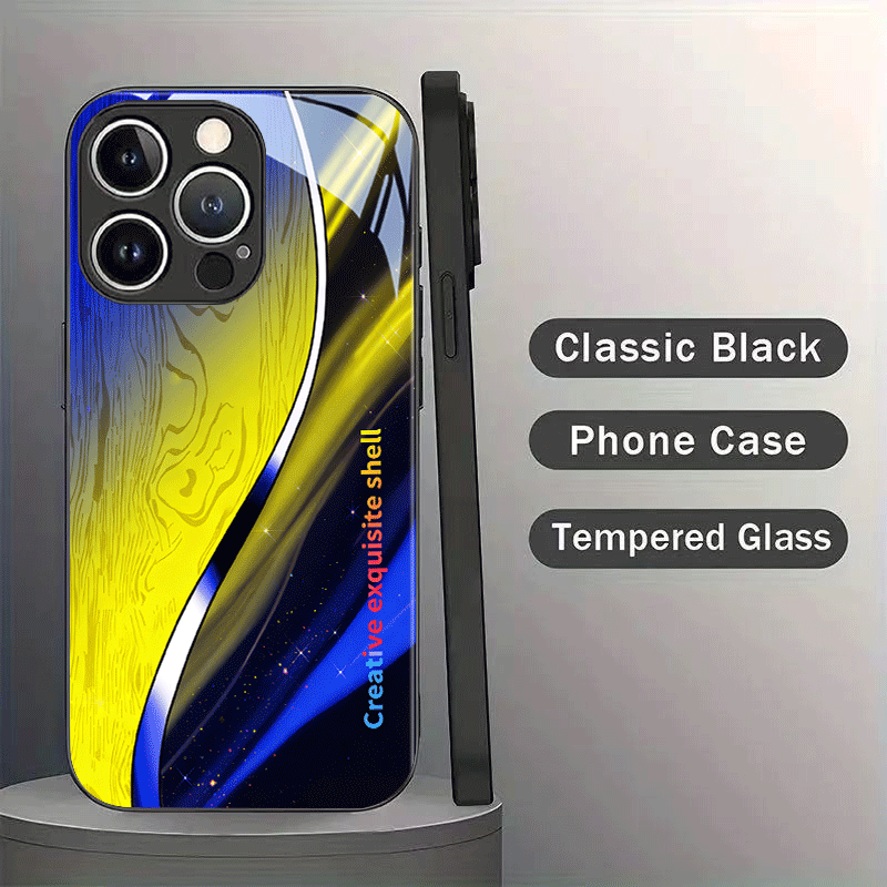TEMU Phone Case: Blue And Yellow Exquisite Pattern Tempered Glass Phone Case In Black For Iphone 17, 17 Air, 17 Pro, 17 Pro Max, 16, 16 Plus, 16 Pro,