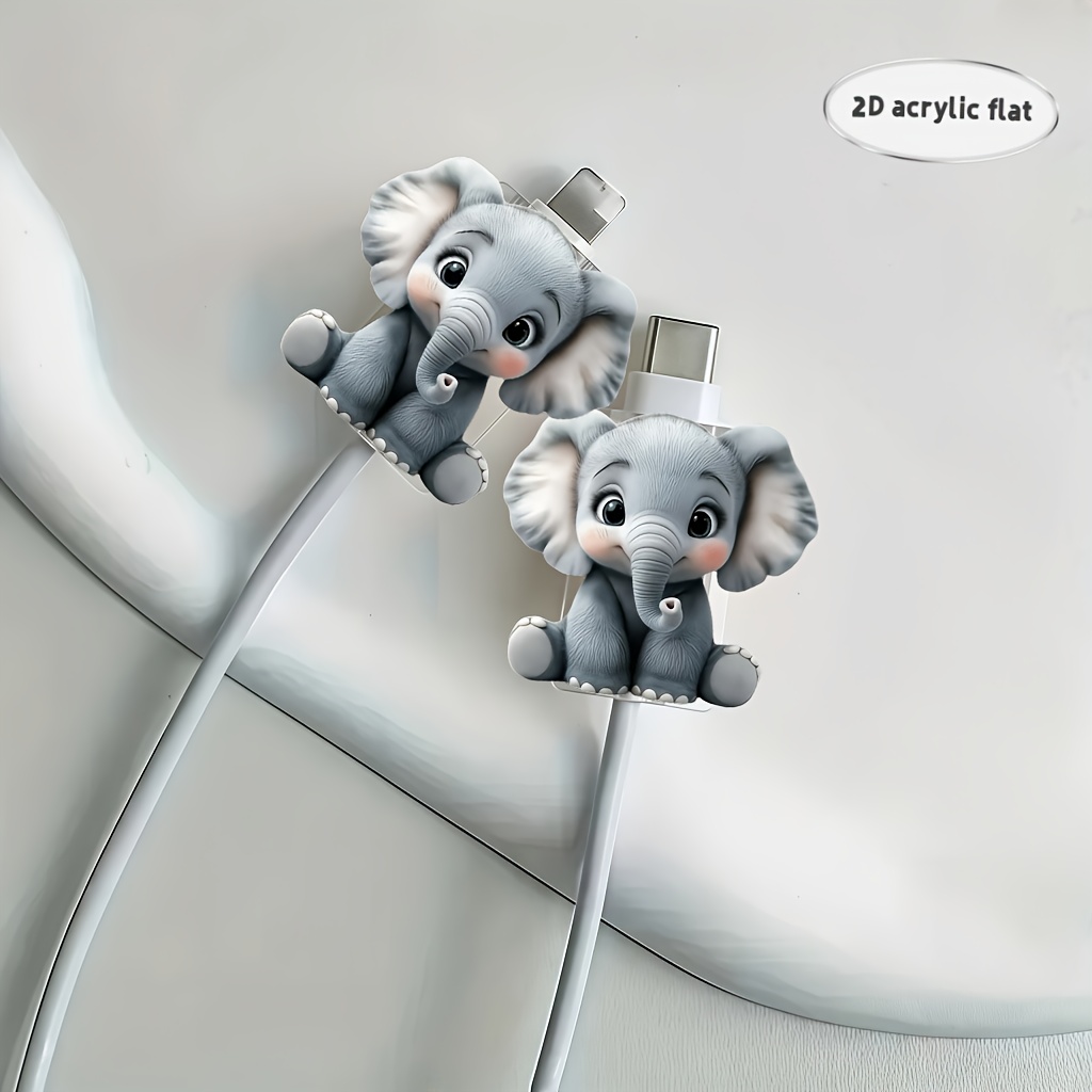 TEMU 2 Piezas Protectores de Cable Elefante 2D Planos y Adorables - -, Protectores para Cables Tipo-C y Apple, Estéticos y Duraderos, Accesorios para