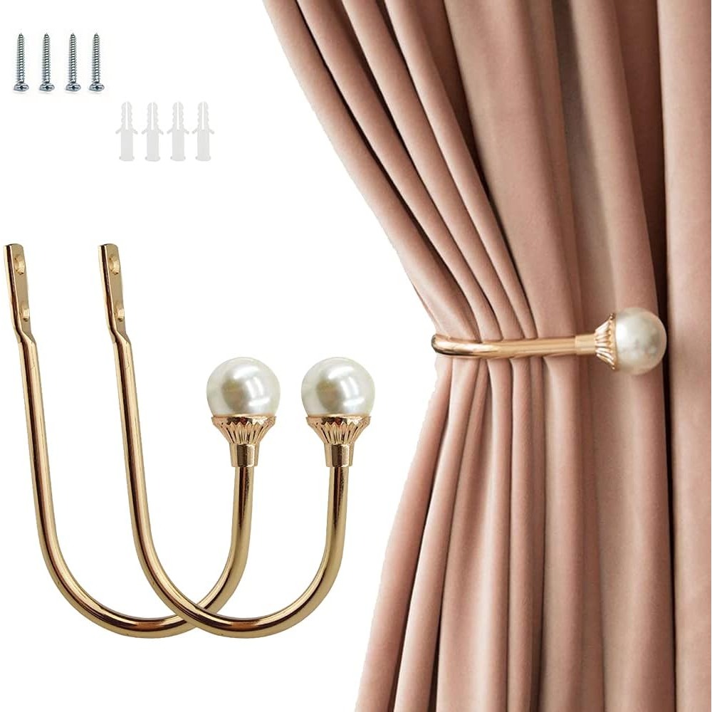 TEMU 2 Pack Curtain Holdbacks Wall Mounted Curtain Tiebacks Hooks Plastic Pearl U Shape Curtain Tiebacks With Screws Curtain Ties For Home