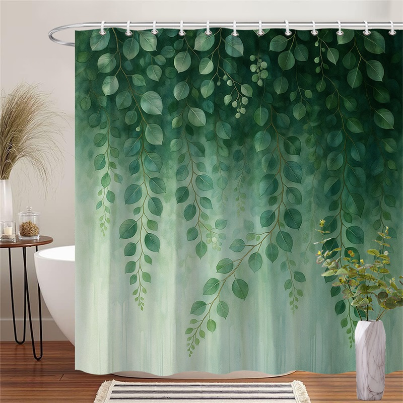 TEMU 1pc Extra Large Shower Curtain - Bathroom Decor With Cascading Branches & Oval Leaves, Misty Green Gradient Background - Machine Washable