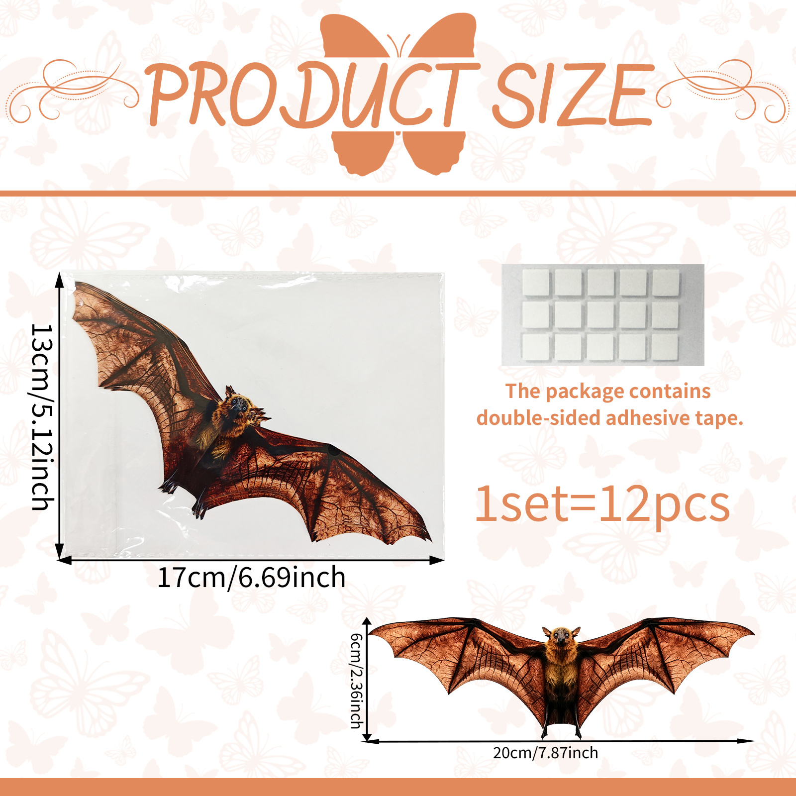 Image of A Set Of Retro Vintage Halloween Wall Sticker, Realistic Vein 3d Flying Bat Pumpkin Web Wall Decal For Halloween Party Store Mantel Haunted House Wall Decorations
