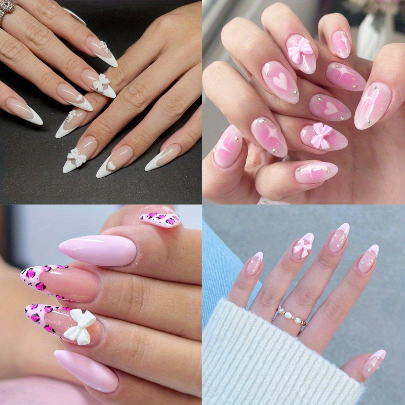 96pcs(4pcs)pink French Nail Stickers, Cute Acrylic Fake Nails, 3d Bow Almond Fake Nails With Glue, , Festival Glue Nail Art, Artificial Sticker Nails, Suitable For Women And