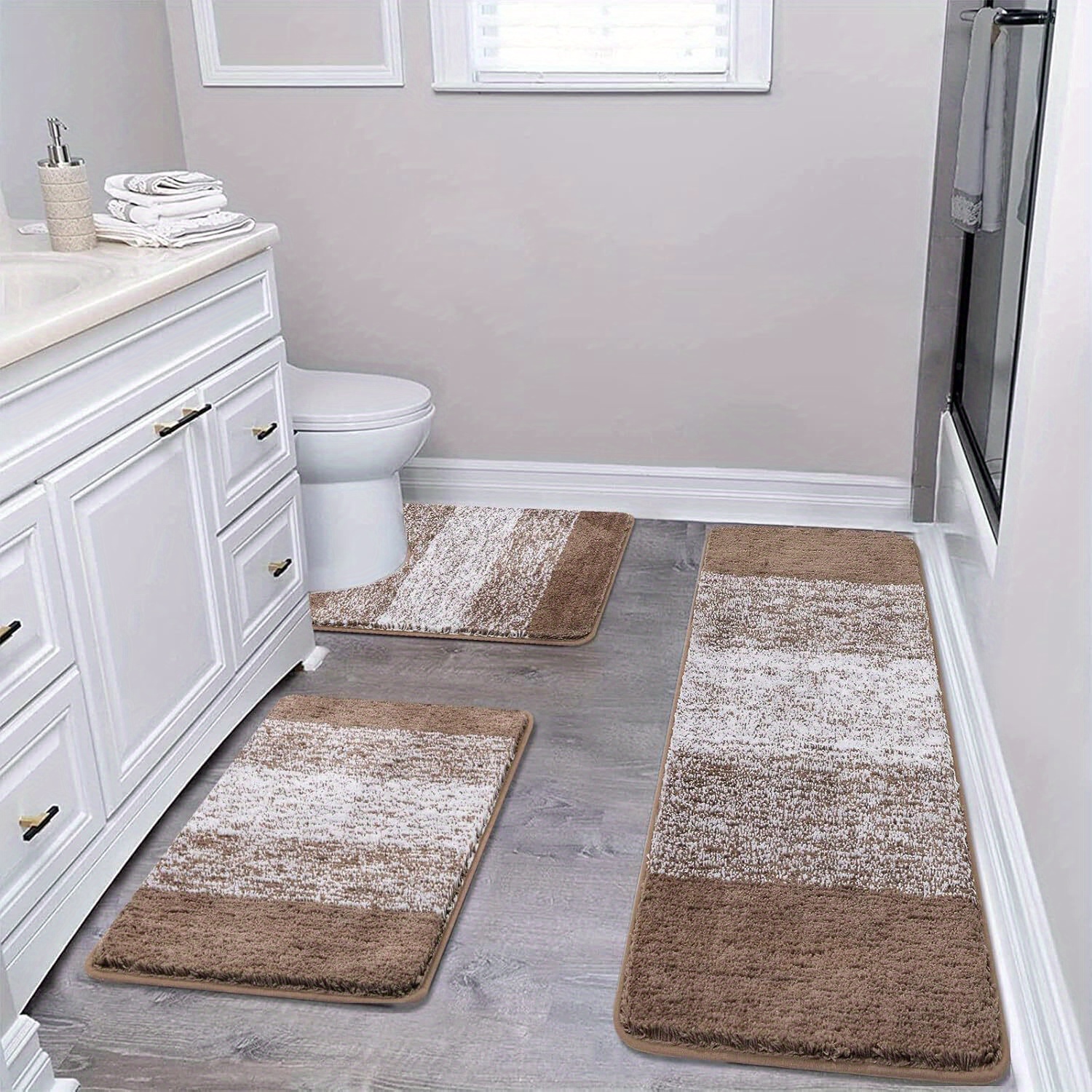 TEMU Set Of 3 Bathroom Rugs Made Of Microfiber, Featuring Non-slip Mats, Soft Shaggy Textures, And Runners. Are Machine Washable And Come In Sizes