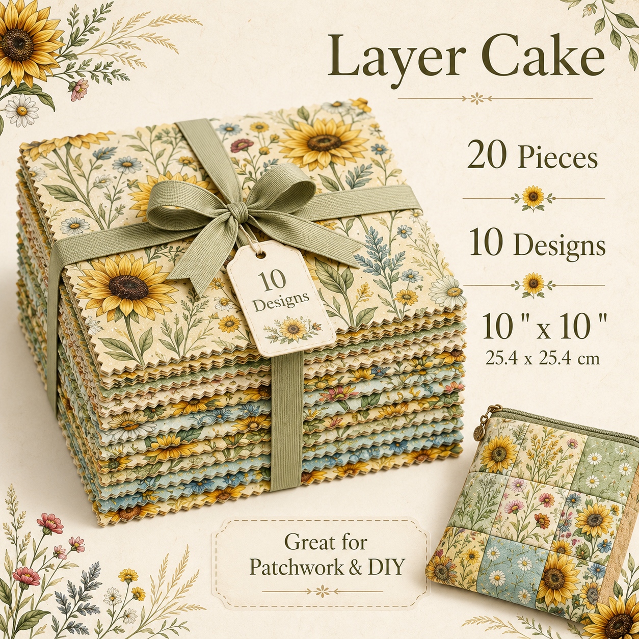 item picture 20pcs 10 x10 25 4cm x 25 4cm sunshine floral shadow series vibrant sunflower and colorful flowers   fresh   style printed squares halloween and christmas styles pre cut fabric squares for handmade textiles