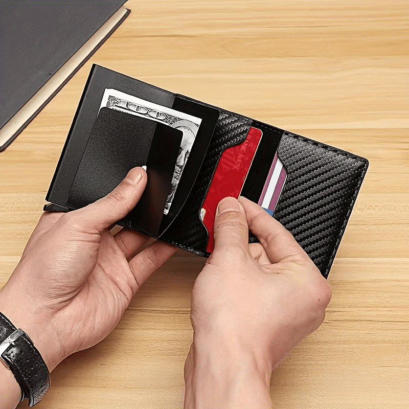 

1pc Men's Slim Rfid Blocking Wallet, Aluminum Alloy Card Holder, Black Pu Leather, Compact & Lightweight, Coin Purse, Ideal For Travel, Camping & Use