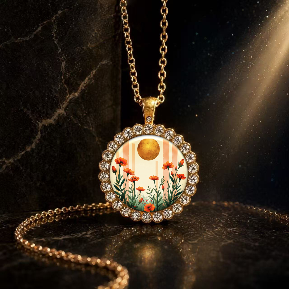 Floral Sun Pattern Round Glass Pendant Necklace