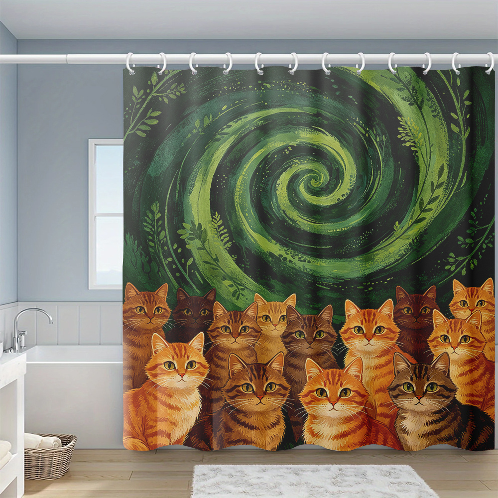 품목 사진 다크 그린   나뭇잎 & 고양이 무리 만화 프린트 샤워 커튼, 레트로 정글 고양이 숲 가정용 욕실 장식 커튼, 고리 12개 포함, 세탁기 사용 가능, 욕실 칸막이 및 실내 장식용