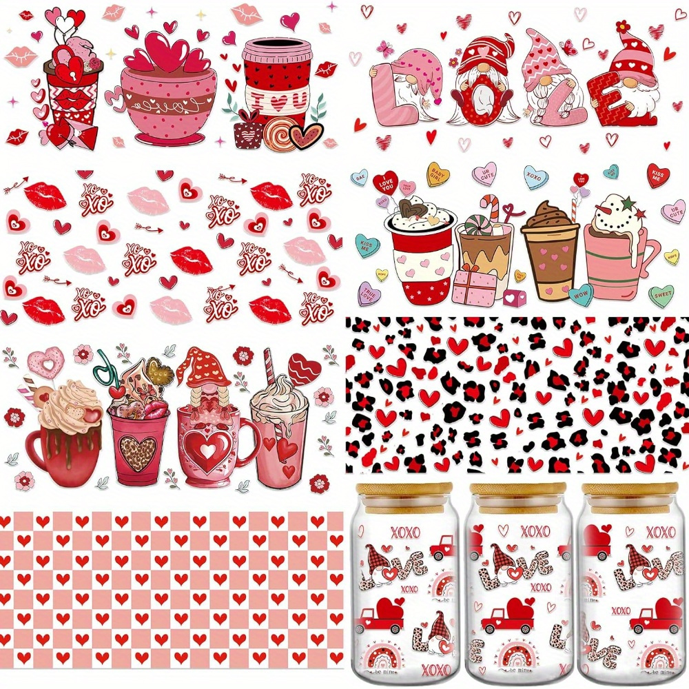 

Valentine's Day 16oz Cup Wraps - 8 Sheets, & Lips Design, Waterproof Uv Dtf Transfer Stickers For Glass & Wood Crafts