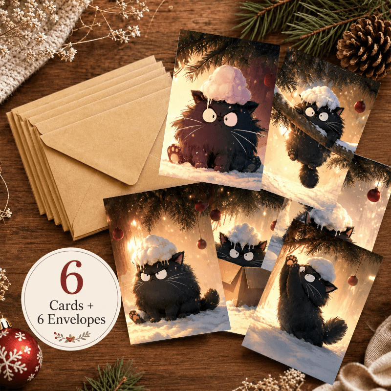 TEMU 12pcs Set Of Christmas Greeting Cards With Envelopes, Featuring An Adorable Black Cat In A Snowy Scene, Warm- Style, Suitable For Gifting , For