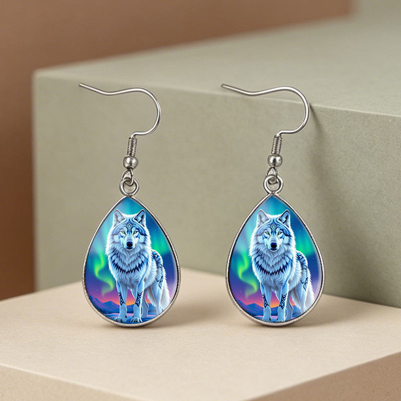 TEMU 1 Pair Northern Lights White Wolf Tear Drop Glass Cabochon Earrings Fashion Jewelry Gift, Without Battery