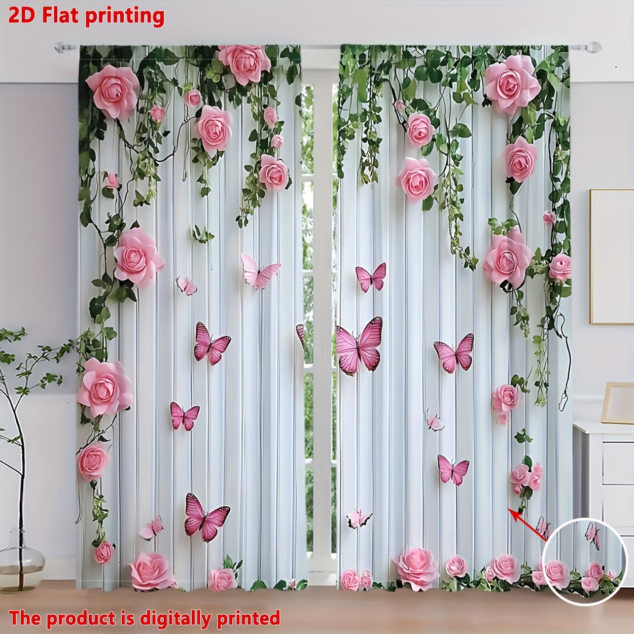 TEMU 2d Flat - 2d Flat - 2d Flat, 2pcs, 2d Flat Printing, Rose And Curtains, With Pocket Pole Installation, Suitable For Living Rooms And Bedrooms,