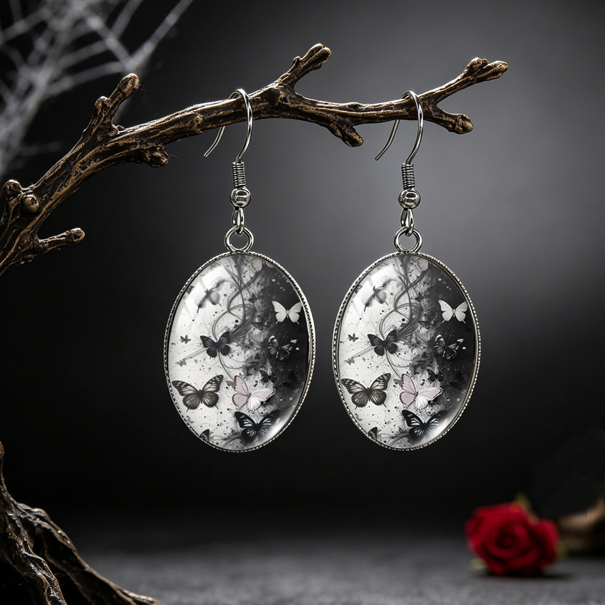 Black And White Gradient Butterfly Oval Glass Cabochon Earrings