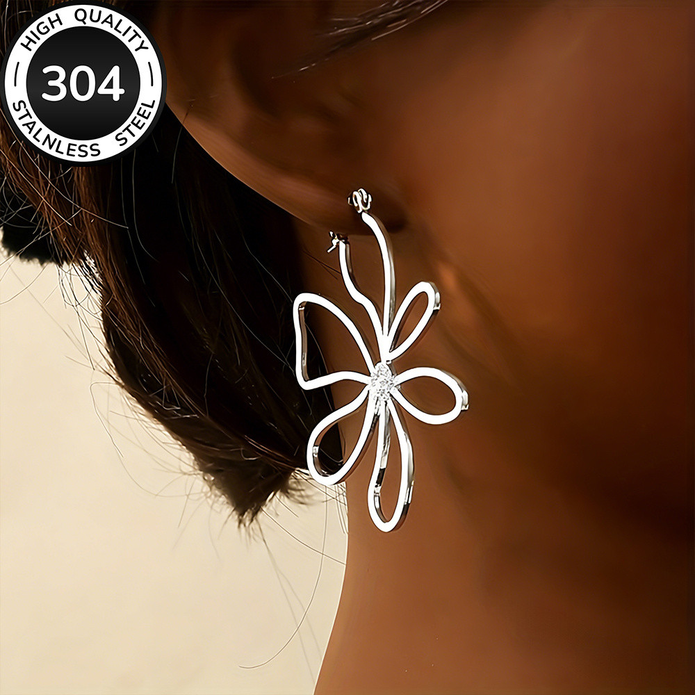 TEMU Jorell Women's Plated Stainless Steel Flower Earrings Suitable For Daily Wear & Parties, Hypoallergenic Tarnish-resistant Ear Jewelry, Elegant