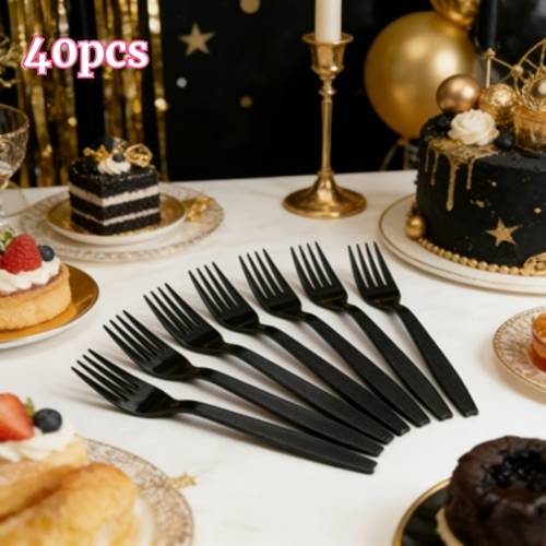 40pcs black diamond premium western party forks table forks takeout forks dessert forks salad forks kitchen utensils and pasta forks home use buffet weddings birthdays parties picnics party supplies durable plastic forks