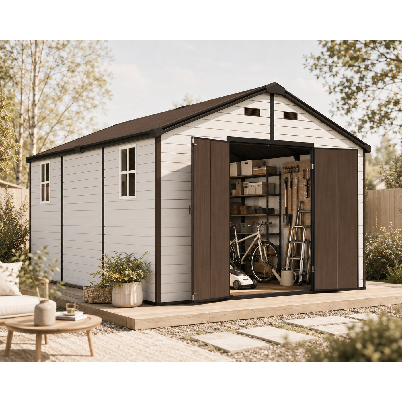  10.2*13.4ft Outdoor Resin Storage Shed with Floor, Large Capacity Garden Storage House with Ventilation Windows, Gable Roof Utility Shed for Backyard Patio Tools Bikes