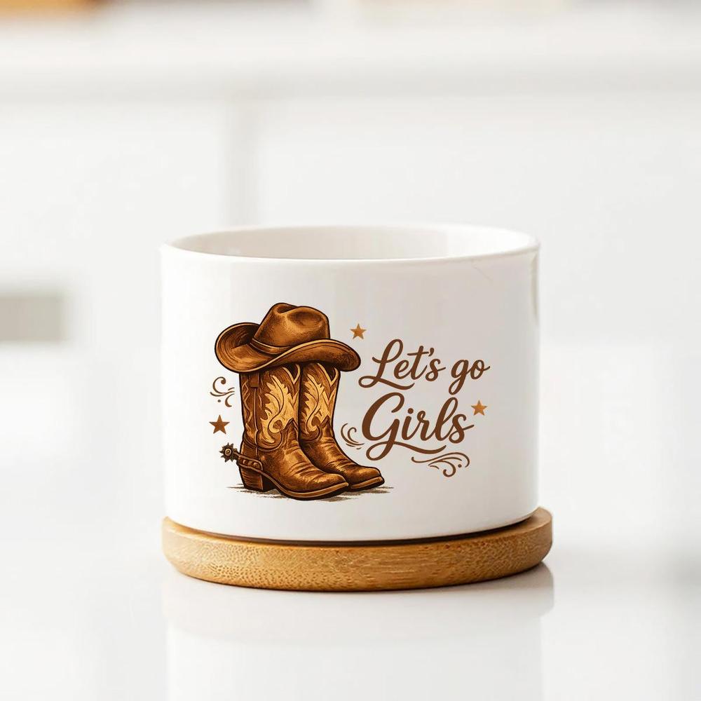 TEMU Ceramic Planter Featuring A Round Design With A Bamboo Tray, With A Vintage Western Theme Including Cowboy Boots And Hats, Ideal For Home And