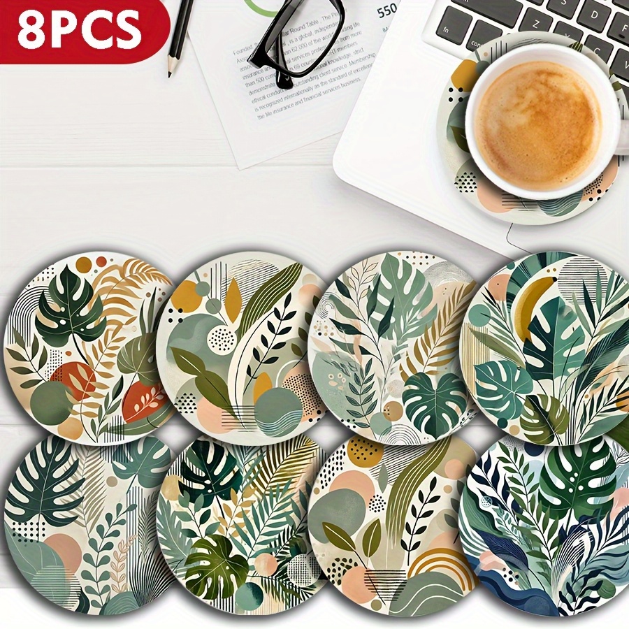 TEMU 8pcs Nordic Plant Pattern Coasters- Heat-resistant Non-slip Drink Mats, Home Decoration And Tabletop Protection- Ideal Gifts For Christmas,