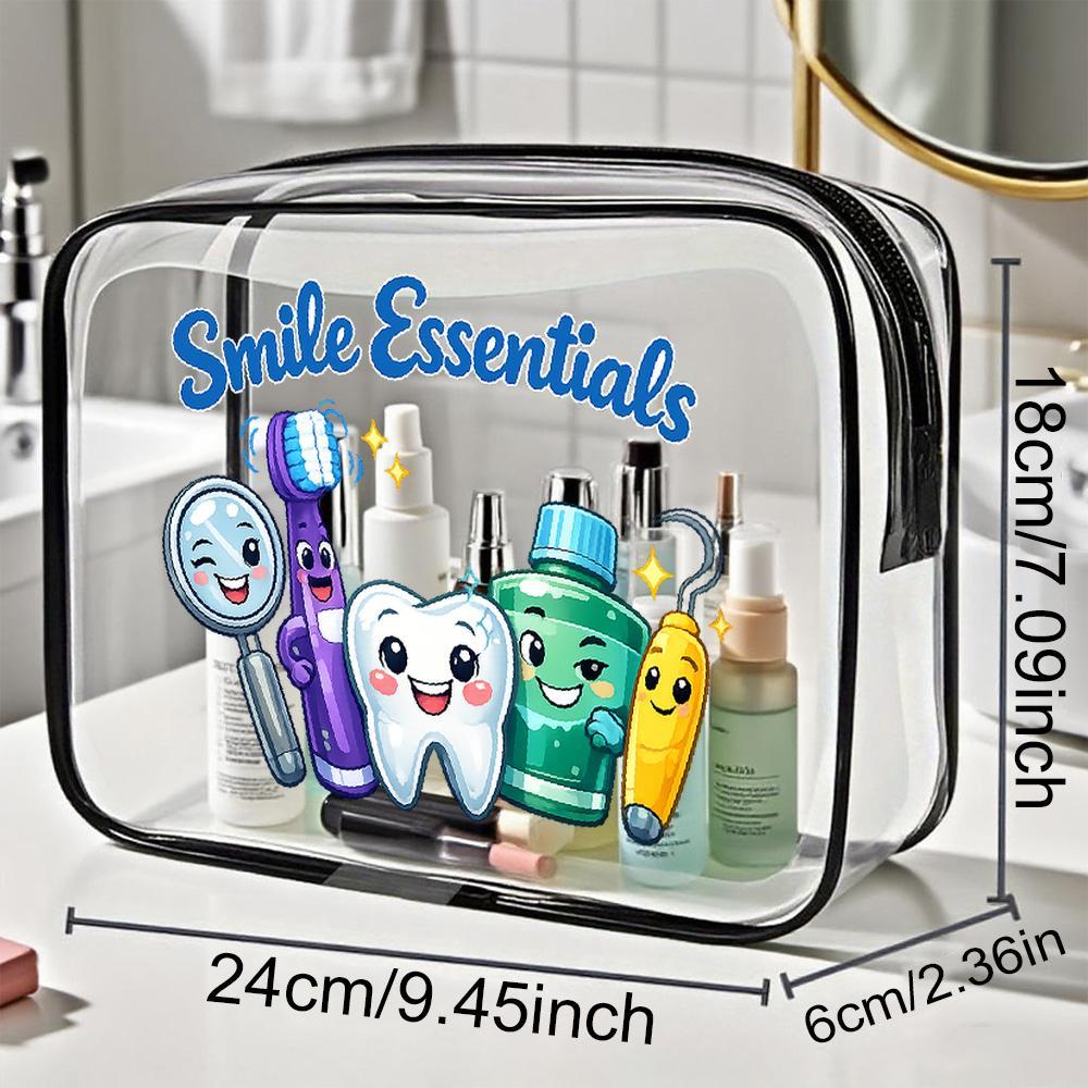 TEMU Clear Pvc Zipper Cosmetic Bag Featuring Cartoon Dental Tools And A Cute Design With Bright Sparkly Details, Organizing Oral Care Items And Daily