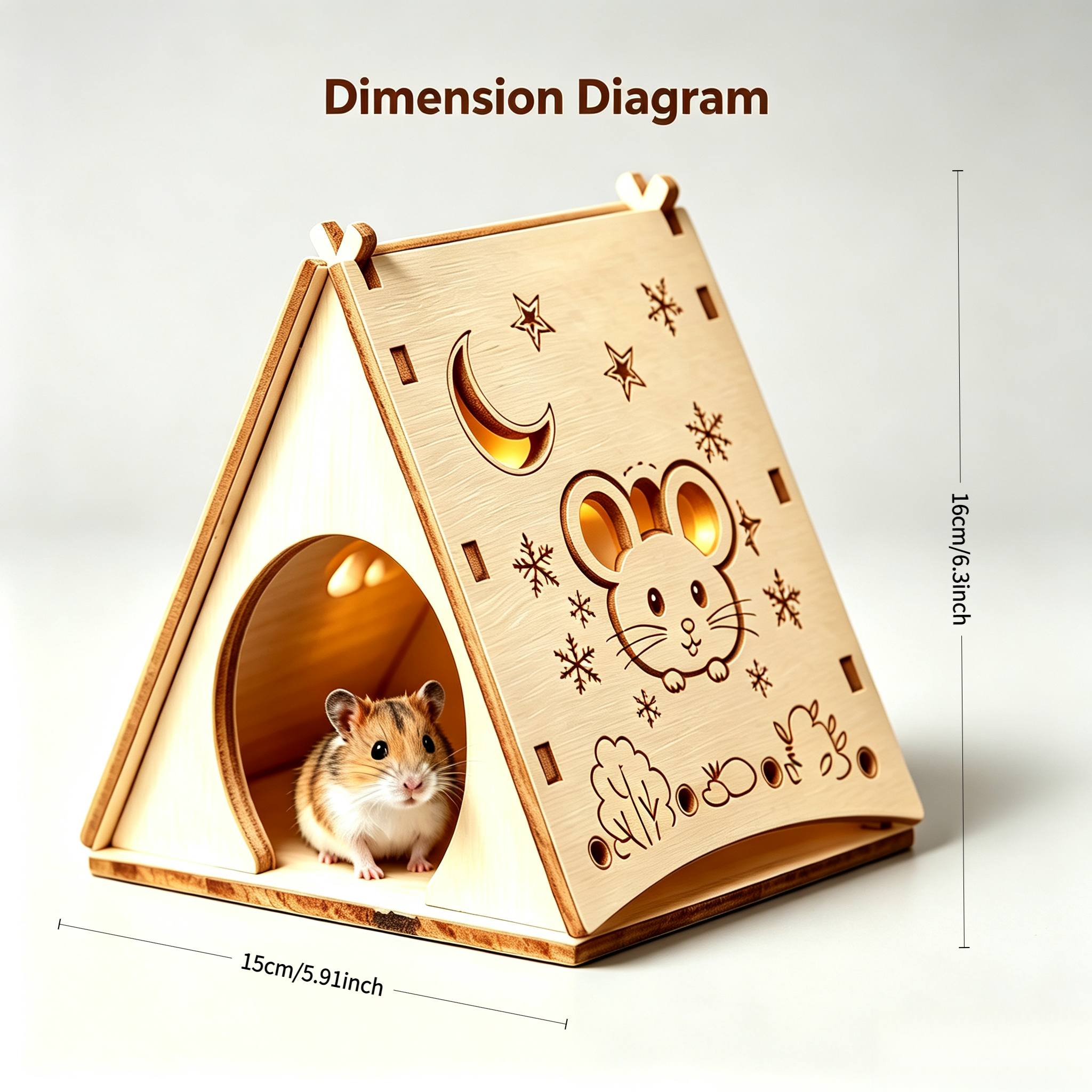 TEMU Cute Mouse Carved Solid Wood Hamster House, Instagram-style Triangular Hideout, High-value Decorative Hamster Cage Nest, Adorable Cartoon Carved