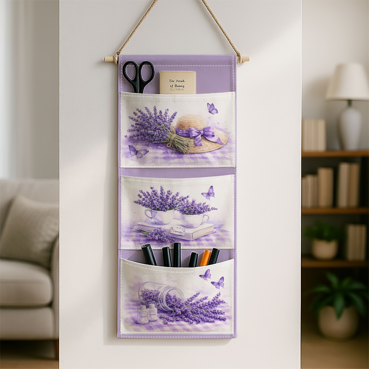 TEMU 2d Printed 1pc Lavender Wall-mounted Hanging With 3 Pockets - Fabric Storage Bag Suitable For Nursery, Wardrobe, Bathroom - Space-saving Shelf