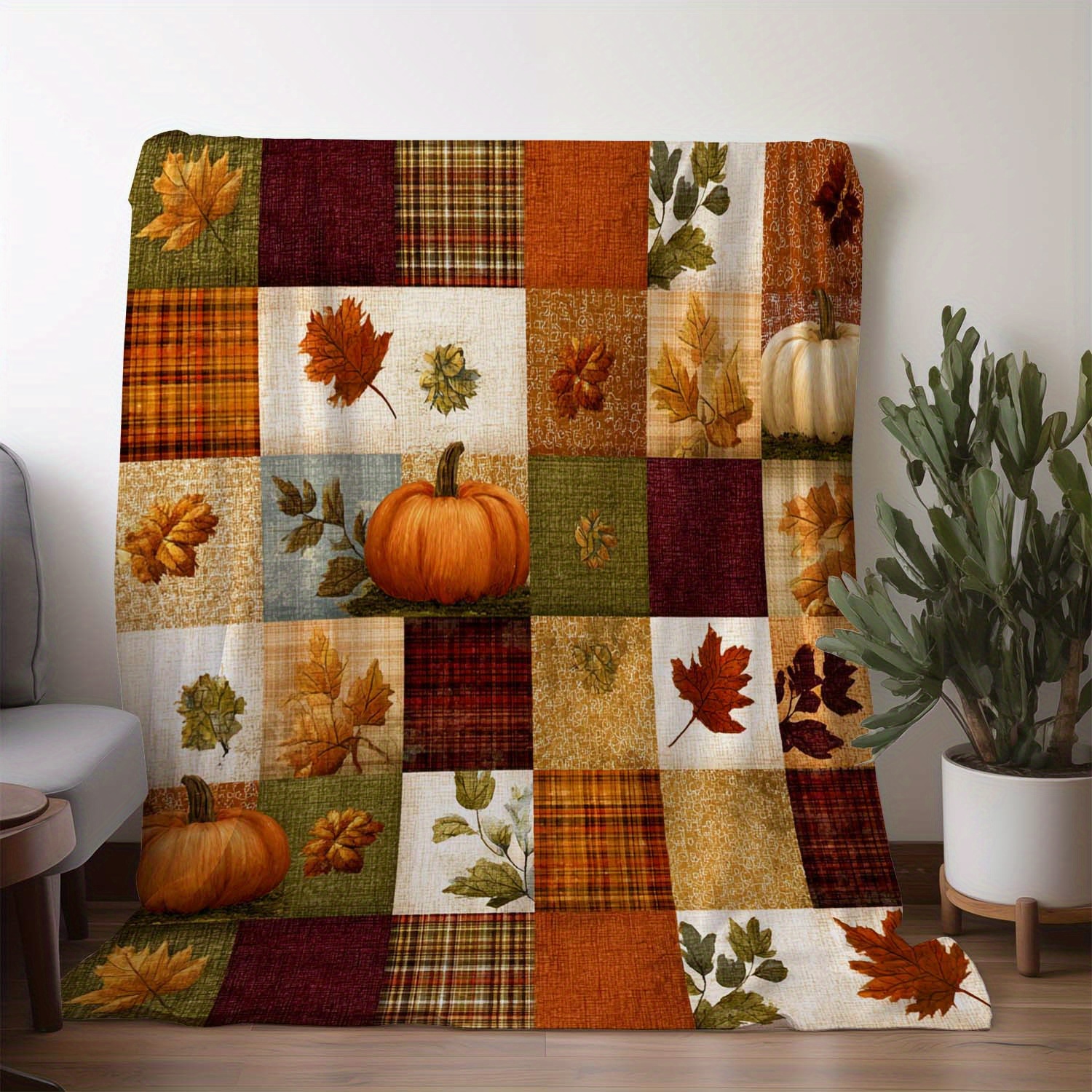 TEMU 1pc Autumn Pumpkin And Maple Leaf Print Blanket, Warm And Cozy Throw Blanket, , Soft, And Comfortable Flannel Blanket, Multiple Sizes Available,