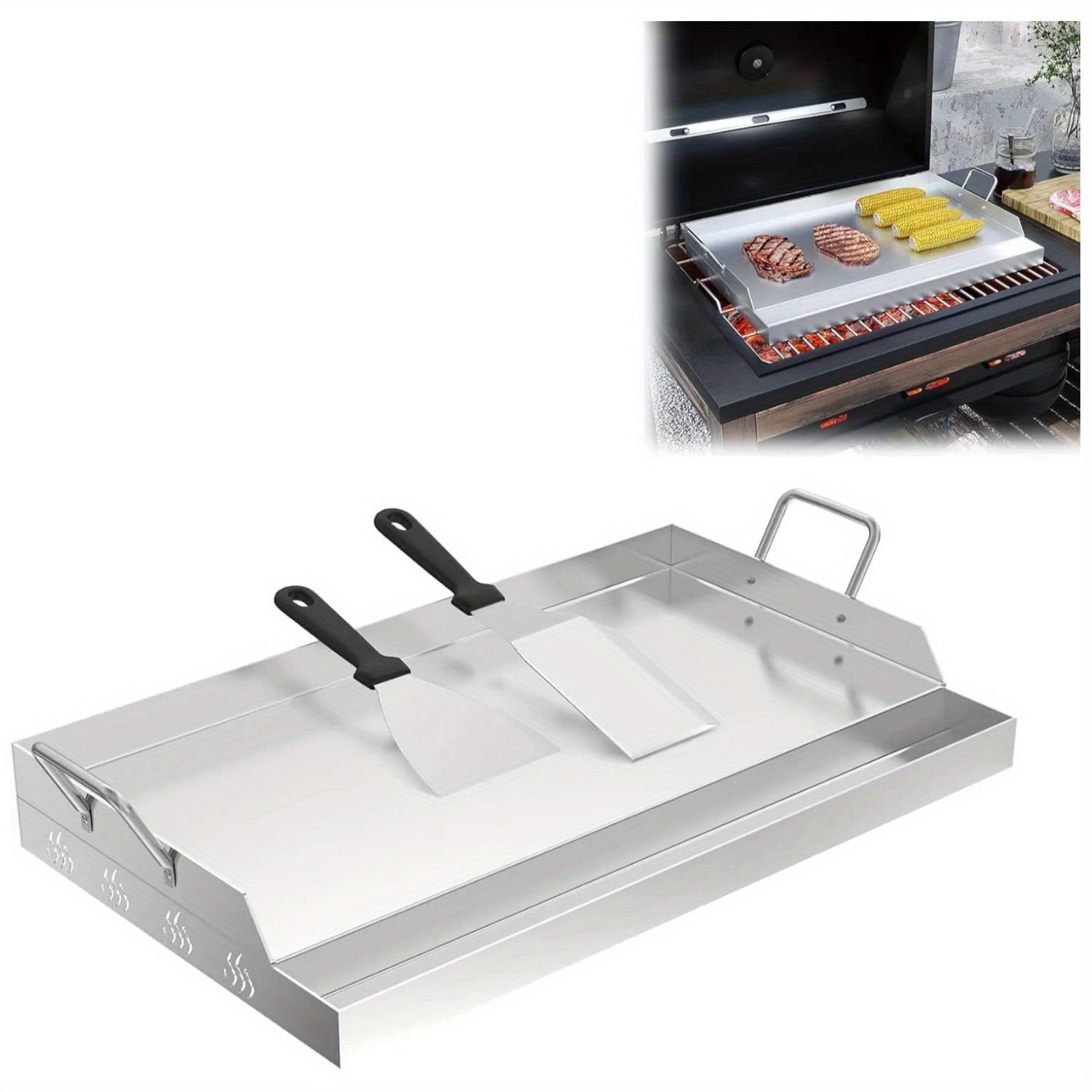 Image of Stainless Steel Grill Pan With Handle 47x32x7cm/ 51x32x7cm/ 54x41x7cm/ 58x40x7cm For Gas And Charcoal Barbecues Barbecue Accessories For Including Barbecue Spatulas And Grease Drip Trays