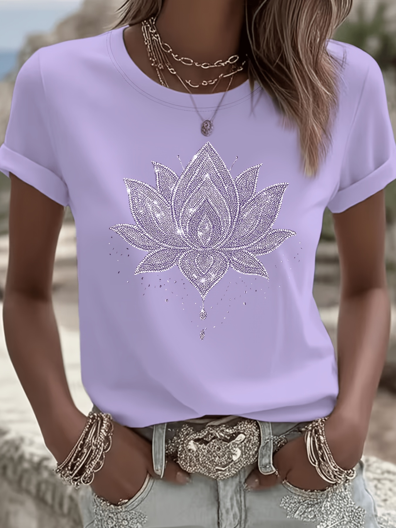   mandala plant floral pattern printed t shirt casual short sleeve round neck top fashionable   womens clothing