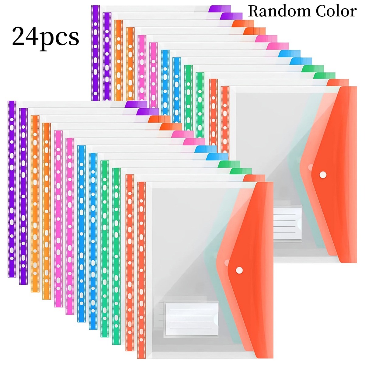 24pcs A4 File Pouch For 11-ring Binders – Expandable Snap Closure, Pocket, Heavy-duty Plastic Material, For Home, School, Office Supplies, Random Color Distribution