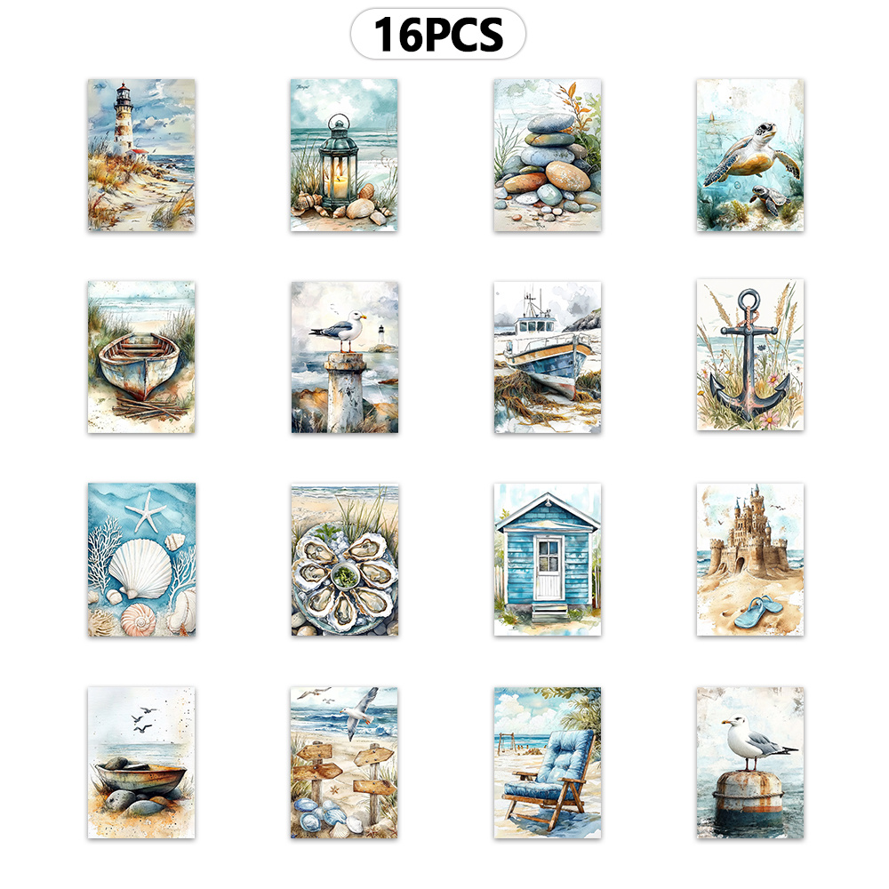 E-shop 16-teiliges Set, Heilende handbemalte -Postkarten, Sommer-Strandurlaub-Thema, kreative Postkarten, Geschenk für