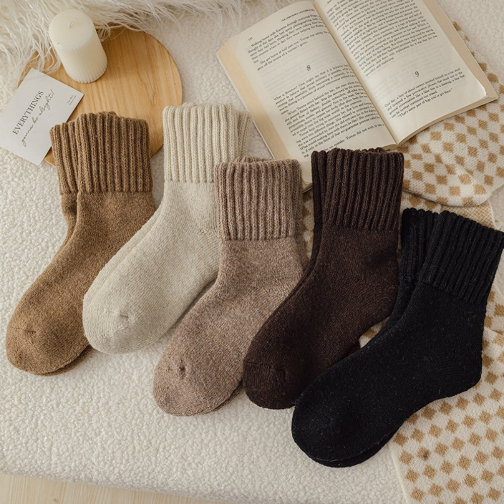 TEMU 5 Paar Herbst Winter Warme Socken, Unifarben, Retro Kaffee Dicke Socken, Multifunktionale Warme Socken, Winter Fleece Mid-Calf Socken, Geeignet