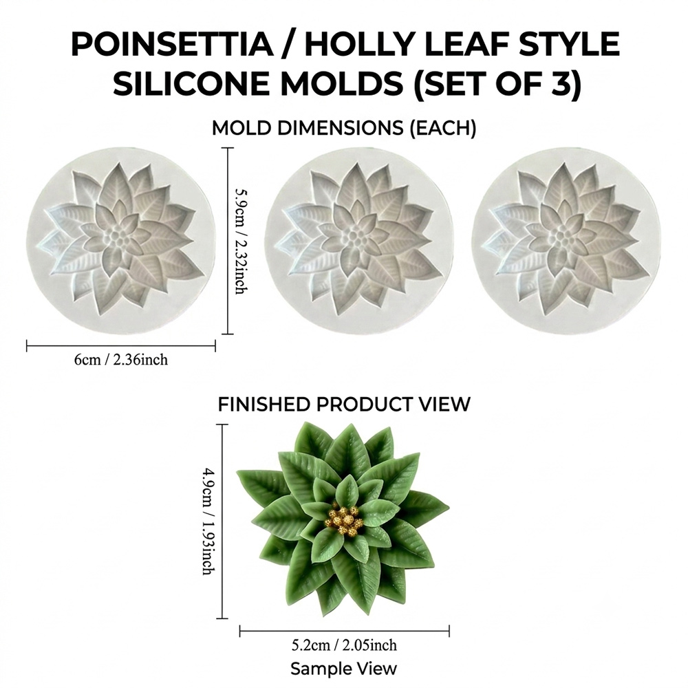 TEMU 3pcs Christmas Flower Silicone Molds, Holly Leaf Silicone Molds, Flower& Leaf Molds For Aromatherapy Candle Making, Resin, Gypsum, Plaster& Diy