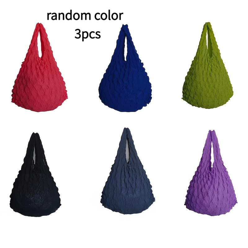 3pcs Random Stretch Shopping Bag Crinkle Elastic Bubble Multipurpose Tote Washable Travel Grocery Daily Bag