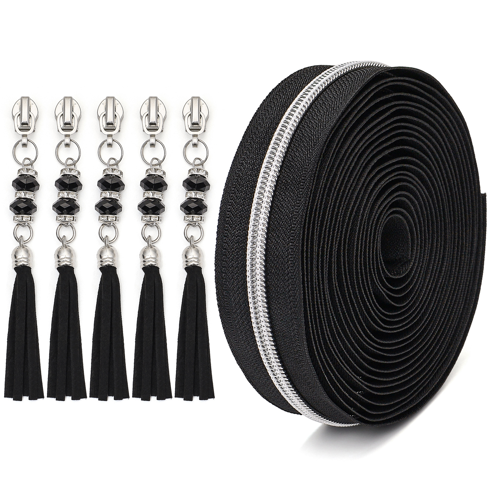 Image of 1 Set = 450cm/5 Yards Zipper + 5 Zipper Pulls, 5# Nylon Silver-plated Teeth Zipper, Long Tassel Slider, Sewing Accessory For Luggage, Coats, Tents, Doll Clothes, Etc