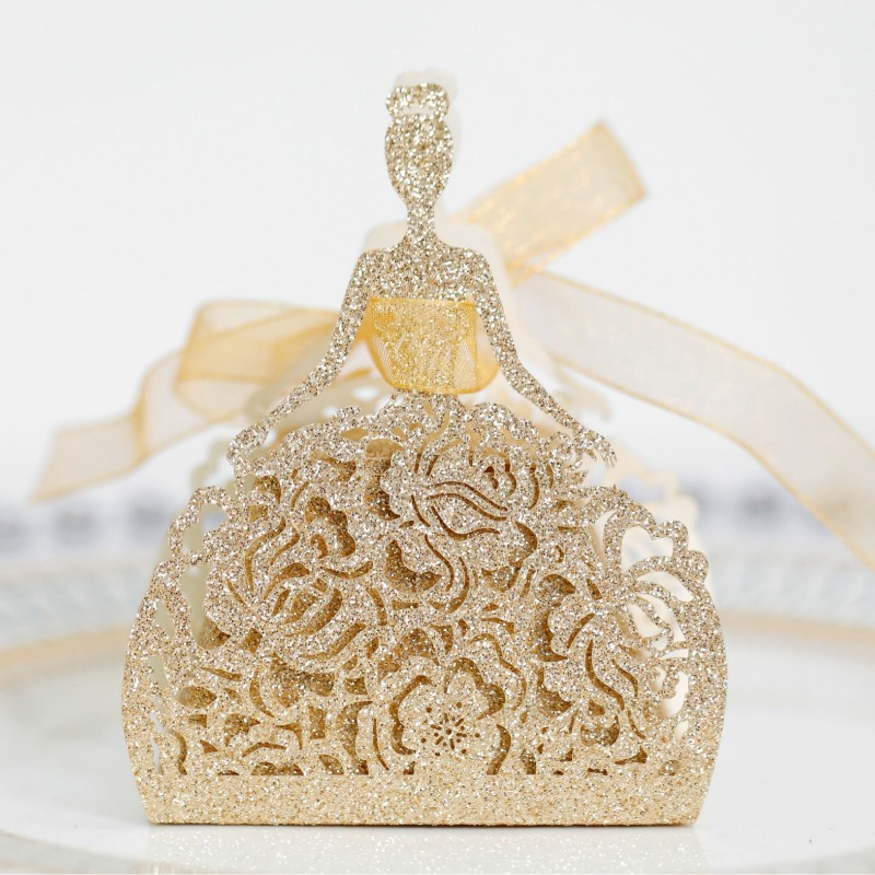 

50pcs Elegant Favor Boxes With Laser-cut Golden Glitter Design, 250g - Weddings & Special Occasions, Decorative Candy Gift Boxes With Floral Patterns And Ribbon Accents