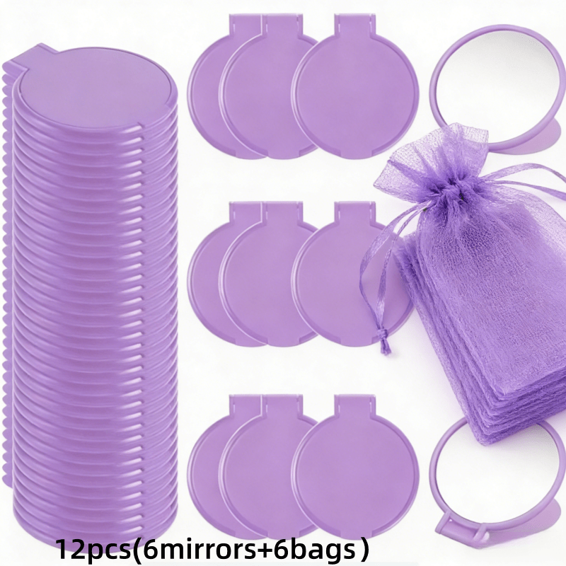 TEMU 12pcs/6 Sets Purple Mini Foldable Makeup Mirrors, With Purple Bags, Portable Round Small Travel Mirrors, Women's Use, Polished Surface, Plastic