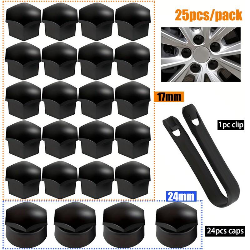 TEMU 25-delige Bandmoer Set (Bestaande uit 20 stuks 17mm Dopmoeren, 4 stuks 24mm Dopmoeren, en Clip). Verwijderbare Clip Wiel Trim. Geschikt voor