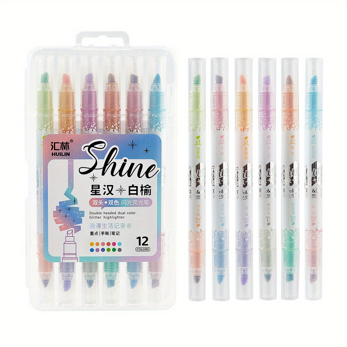 E-shop 6 Stück Funkelnde Dual-Head 12-Farben Augen-Schützende Weiche Schimmernde Fluoreszierende Stifte, Feiner Glitzer, Hervorhebung, Markierung,