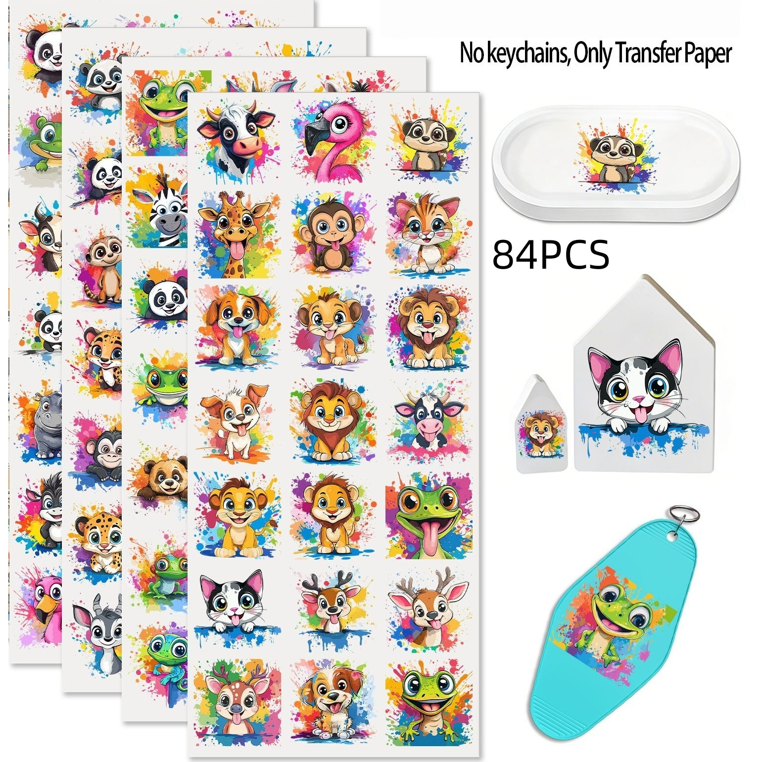 TEMU 84 Feuilles/Lot Thème Animaux Aquarelle UV DTF, Haute , Convient pour Porte-clés, Étuis de Téléphone et Meubles, Transfert pour Décorer et