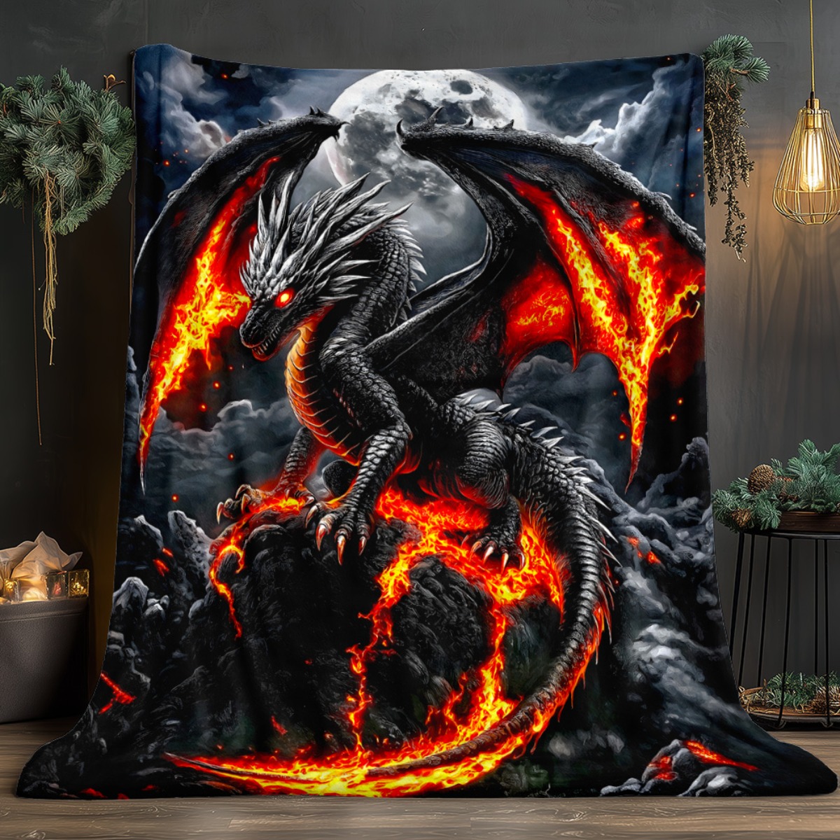 TEMU 1pc Dragon Is Burning Blanket - Lightweight Throw For Sofa, Camping, Livingroom, Office, Chair, And Bed - Digital Printing Soft And Warm Blanket